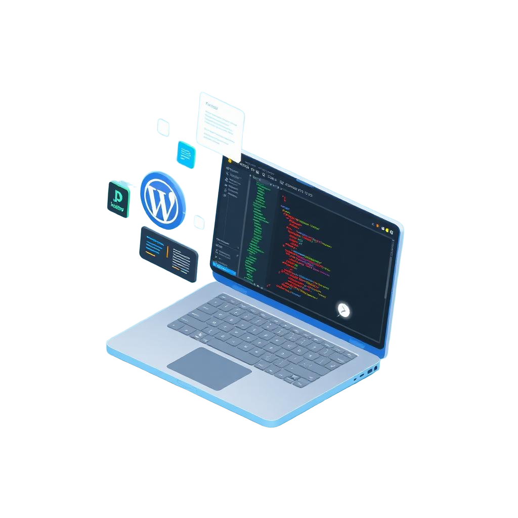 Laptop showing WordPress website being built with code editor